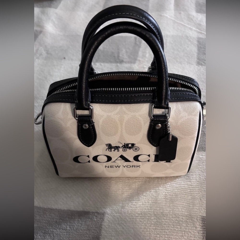 Coach White Signature Mini Satchel with Black Trim